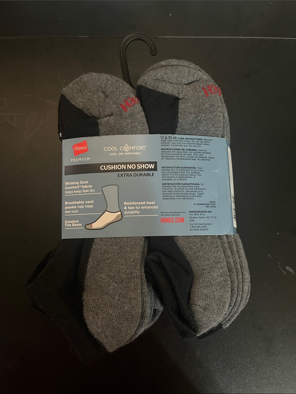 Hanes Premium Men's No-Show Cushion Socks - Gray/Black (10 Pairs) - Picture 3 of 3